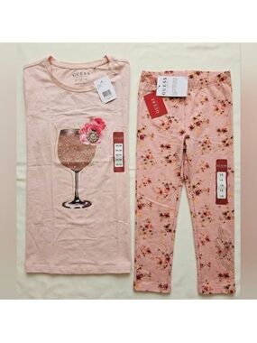 GUESS Pink Floral Wine Glass Tee and Floral Leggings Set